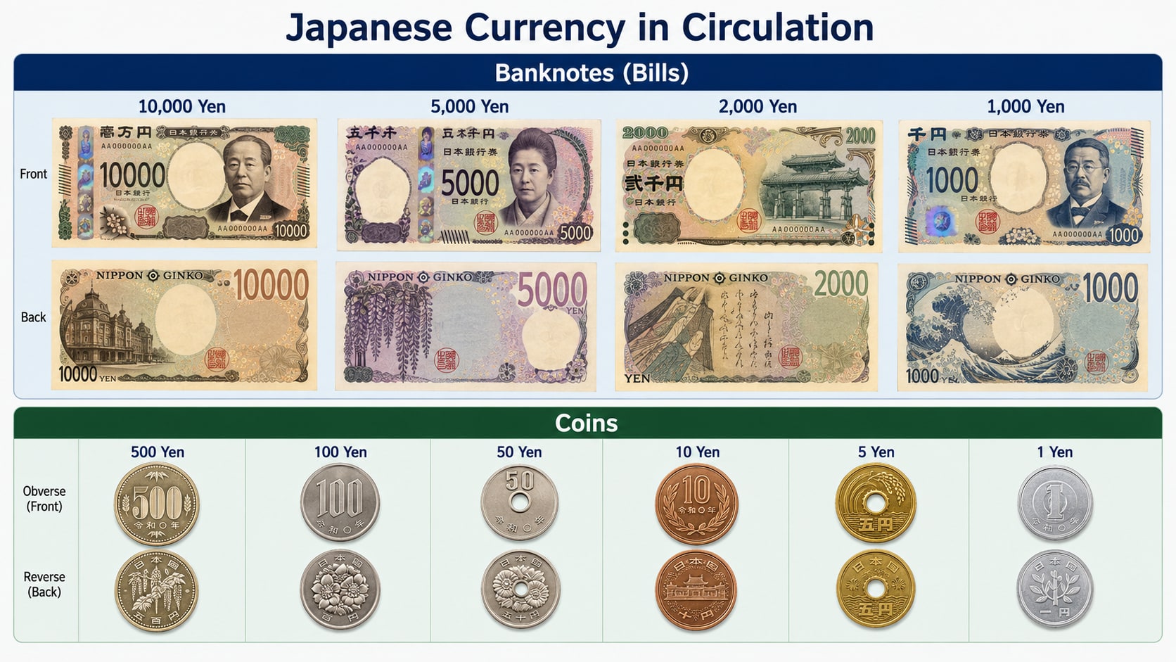 Japanese currency in circulation guide: front and back of the 10,000, 5,000, 2,000, and 1,000 yen banknotes, and obverse and reverse of the 500, 100, 50, 10, 5, and 1 yen coins
